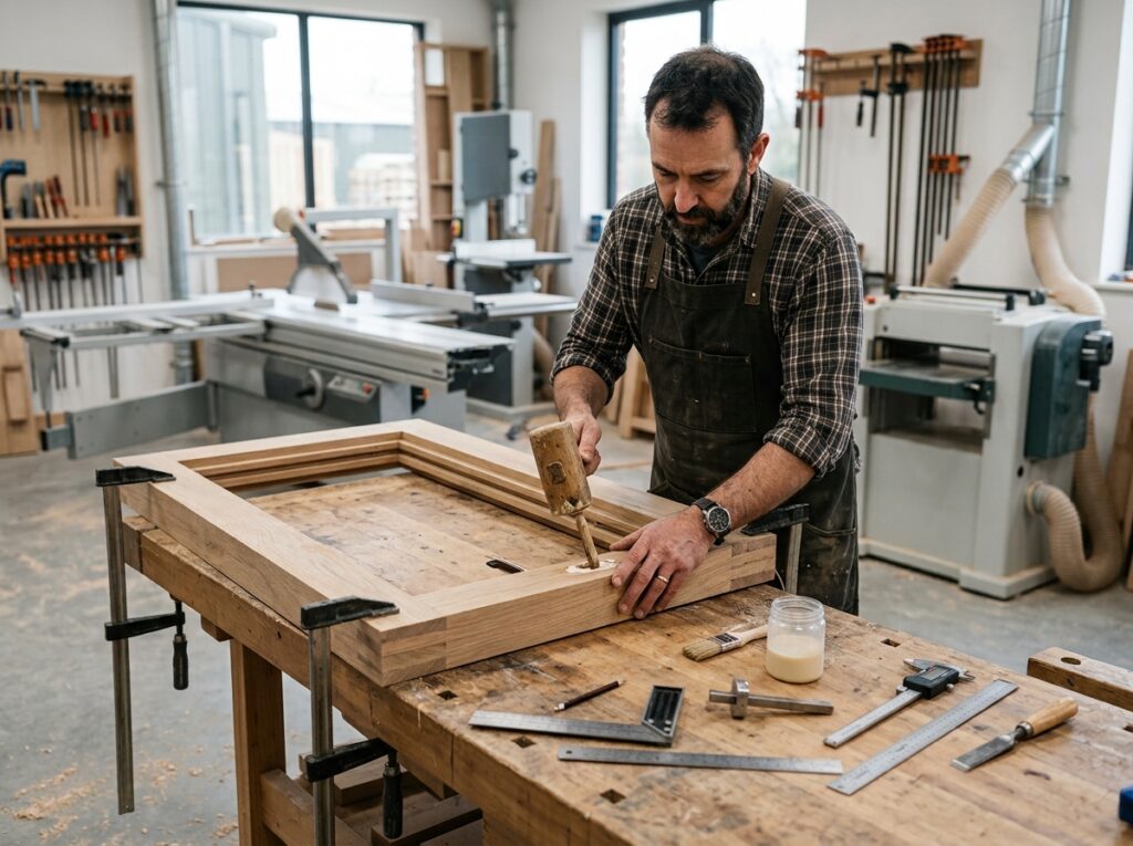 Joiner assembling timber window … 202607140647