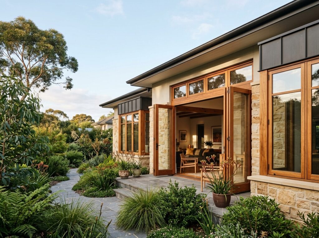 Timber home doors opening garden 20260914070553